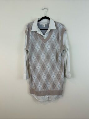 Max Studio Tan Argyle Layered Long Sleeve Sweater Dress Size Medium